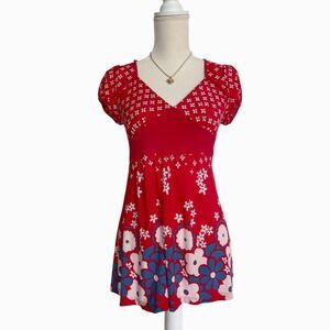 Charlotte Russe Babydoll Top S/M Red Mod Floral Puff Sleeve Empire Waist Indie